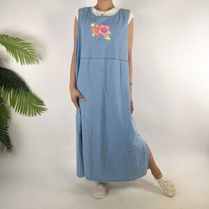 Vintage 90s Denim Sleeveless Grandmacore Maxi Jumper Pinafore Dress / 2X